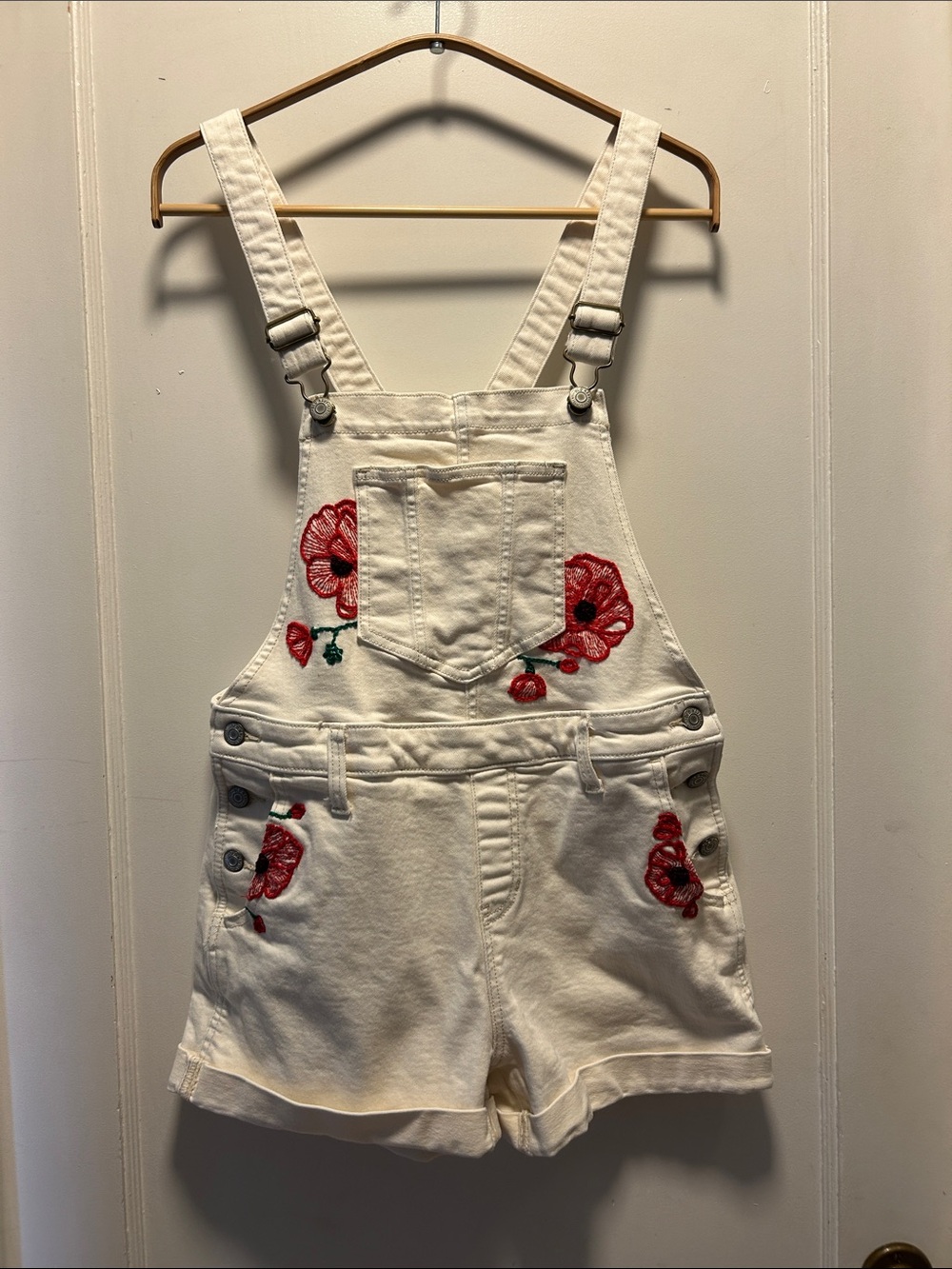 Old Navy Cream Short Overalls with Red Floral Embroidery